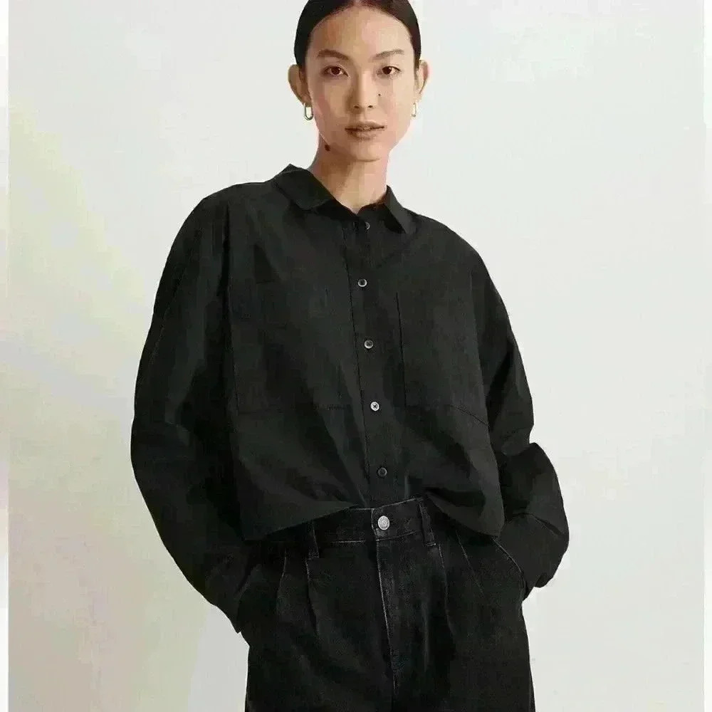 Madewell The Signature Poplin Crop Shirt True Black Size XS Oversized